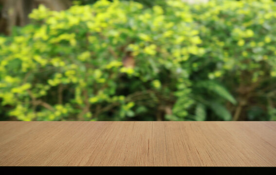 Empty Wood Table Top And Blur Of Out Door Garden Background Empty Wooden Table Space For Text Marketing Promotion. Blank Wood Table Copy Space