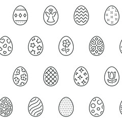 Seamless pattern with painted eggs. Black and white thin line icons