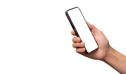 Hand holding the black smartphone mockup with blank screen and modern frameless design in rotated perspective positions for Infographic Global Business web site design app ios - Clipping Path