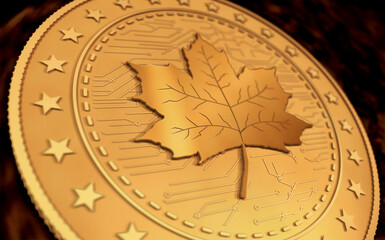 Maple Leaf canadian symbol golden coin 3d illustration