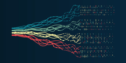 A dynamic array of information consisting of multi-colored lines and waves. Data sorting process. Big data stream futuristic infographics. File structuring, machine learning. Big data visualization.