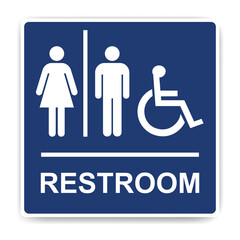 Restrooms sign. Blue toilet sign with lady, man and person with disability symbols and text vector sign ESP10.