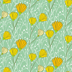 Vector seamless half-drop pattern, with leaves and flowers