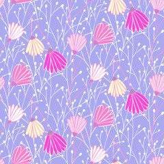 Vector seamless half-drop pattern, with leaves and flowers