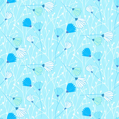 Vector seamless half-drop pattern, with leaves and flowers