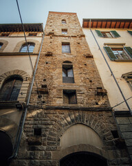 Vertical bottom shot of a medieval building.