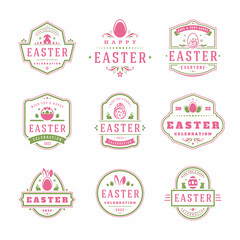 Easter badges and labels vector design elements set. Greeting card text templates and objects, eggs, bunny rabbits, flowers. Happy easter typography messages vintage style
