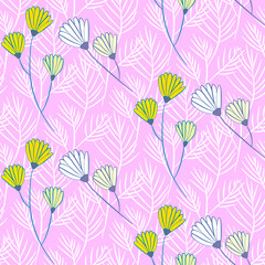 Vector seamless half-drop pattern, with leaves and flowers