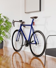 blue bicycle against the wall on a wooden floor, 3d illustration

