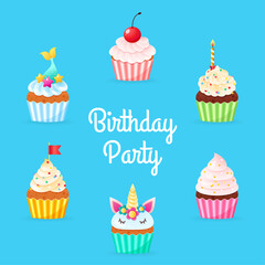 Birthday Party invitation template with cartoon cupcakes. Illustration of 6 sweet muffins decorated with cream and sprinkles on a blue background. Vector 10 EPS.