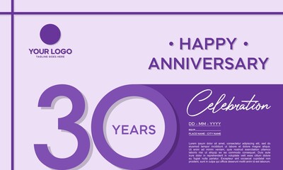 30th anniversary logo. Anniversary celebration logo design with purple color for booklet, flyer, magazine, brochure poster, web, invitation or greeting card. vector illustrations.