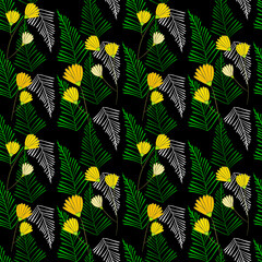 Vector seamless half-drop pattern, with leaves and flowers