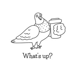 Hand drawn bird holding a disposable coffee or other drink cup. Line art style vector illustration