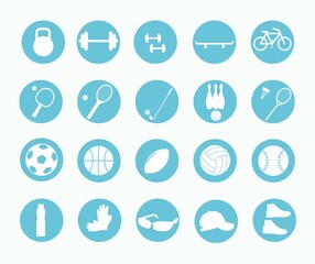 Set of sports round icons. Collection of 20 vector symbols in circles. Sports equipment.