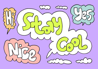 Hand drawn arrows, borders set with handwritten text: hi, yes, nice and stay cool. Vector icon.