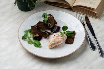 Red fish patty with rye croutons and sprouts, fine dining serving of modern russian restaurant, top view on marble table