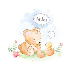 Obraz na płótnie Canvas Cute bear and little duck on flowers field illustration