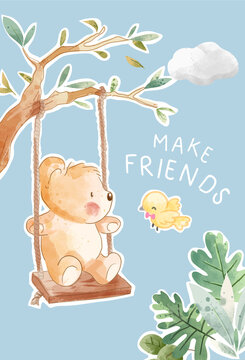 Make friends slogan with cute bear and little bird vector illustration