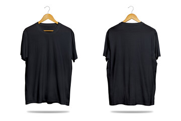 Mockup blank black T-shirt hanger isolated on white background. - obrazy, fototapety, plakaty