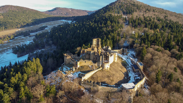 Aerial view of the ancient Zborov Castle, Slovakia