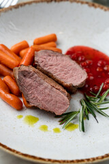 Duck pink fillet with steamed mini-carrots and cranberry sauce, gourmet roasted poultry in a posh restaurant
