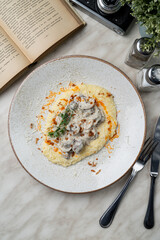 Stewed chicken liver with rich sour cream gravy, garnished with potato, low contrast, directly above photo