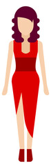 Woman in red evening dress. Pretty female character standing