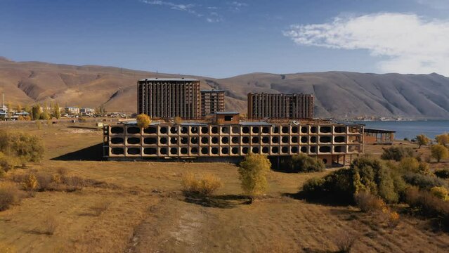 Aerial, Abandoned Buildings Along The Sevan Lake, Armenia