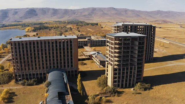 Aerial, Abandoned Buildings Along The Sevan Lake, Armenia