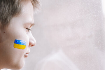 frustrated poor boy protests against the military conflict, cries, worries and is afraid. The...