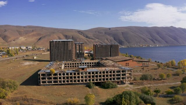 Aerial, Abandoned Buildings Along The Sevan Lake, Armenia