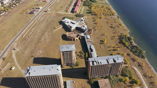 Aerial, Abandoned Buildings Along The Sevan Lake, Armenia