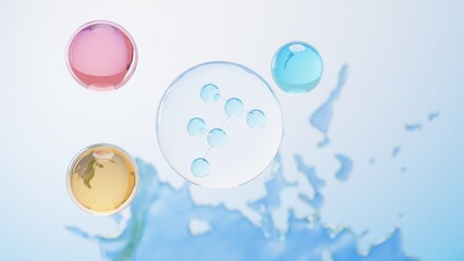 3d render of simple chemical bond in side cell or molecules. The associated of atoms, ions, bond and molecules. Liquid drop bubble background. Covalent bond. Biochemical interaction.