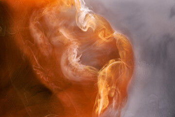 Orange white black smoke background, colorful fog, abstract swirling ink ocean sea, acrylic paint pigment underwater © amixstudio