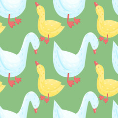 Mother and baby goose seamless pattern on green background. Cute bird vector illustration. Endless repeatable print.