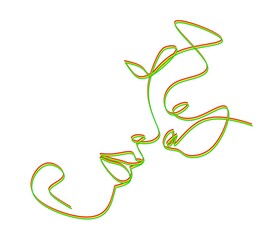 Abstract one line art drawing red, yellow and green female head and cat on white background