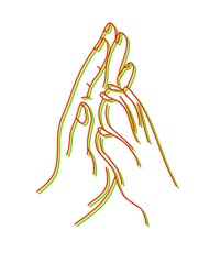 art of drawing human and dog palms in red, yellow and green on a white background