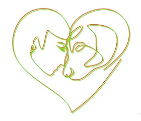 Abstract one line art drawing red, yellow and green female head and cat on white background