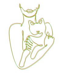 Abstract one line art drawing red, yellow and green woman and cat on white background