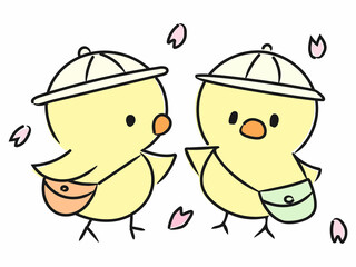 桜が舞う4月、友達と入園・入学で心が弾む可愛いひよこたち © purinpurin