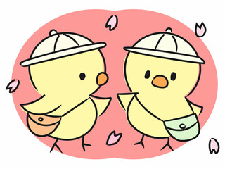 桜が舞う4月、友達と入園・入学で心が弾む可愛いひよこたち © purinpurin