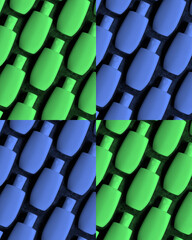 Collage of bicolor pattern of green and very peri cosmetic container on a black concrete background. Green and very peri bottles with copy space