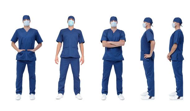 Medical Professional Standing Straight.Correct Postures, Various Poses, Front And Profile.