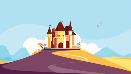 Castle on the hill in autumn season. Nature landscape with architecture object.