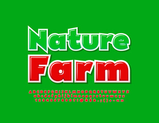 Vector quality badge Nature Farm. Modern Alphabet Letters, Numbers and Symbols set. Red creative Font