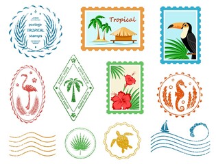 Postal stamps and postmarks. Set of various postmarks and postage stamps tropical palm, exotic birds and sea waves. Mail signs with texture. Vacation, travel, tourism, sea concept. Isolated. Vector