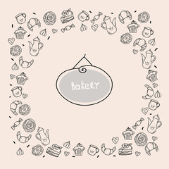 Hand drawn set of bakery and baking elements, doodle sketch style design.