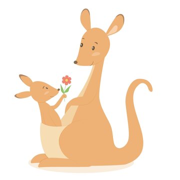 M&atilde;e e beb&ecirc; canguru, fundo branco. Ilustra&ccedil;&atilde;o vetorial.