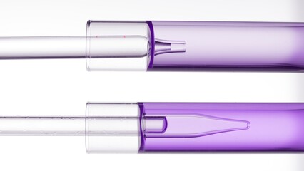 Two test tubes with purple liquid and lab droppers inside on white background | Abstract face care...
