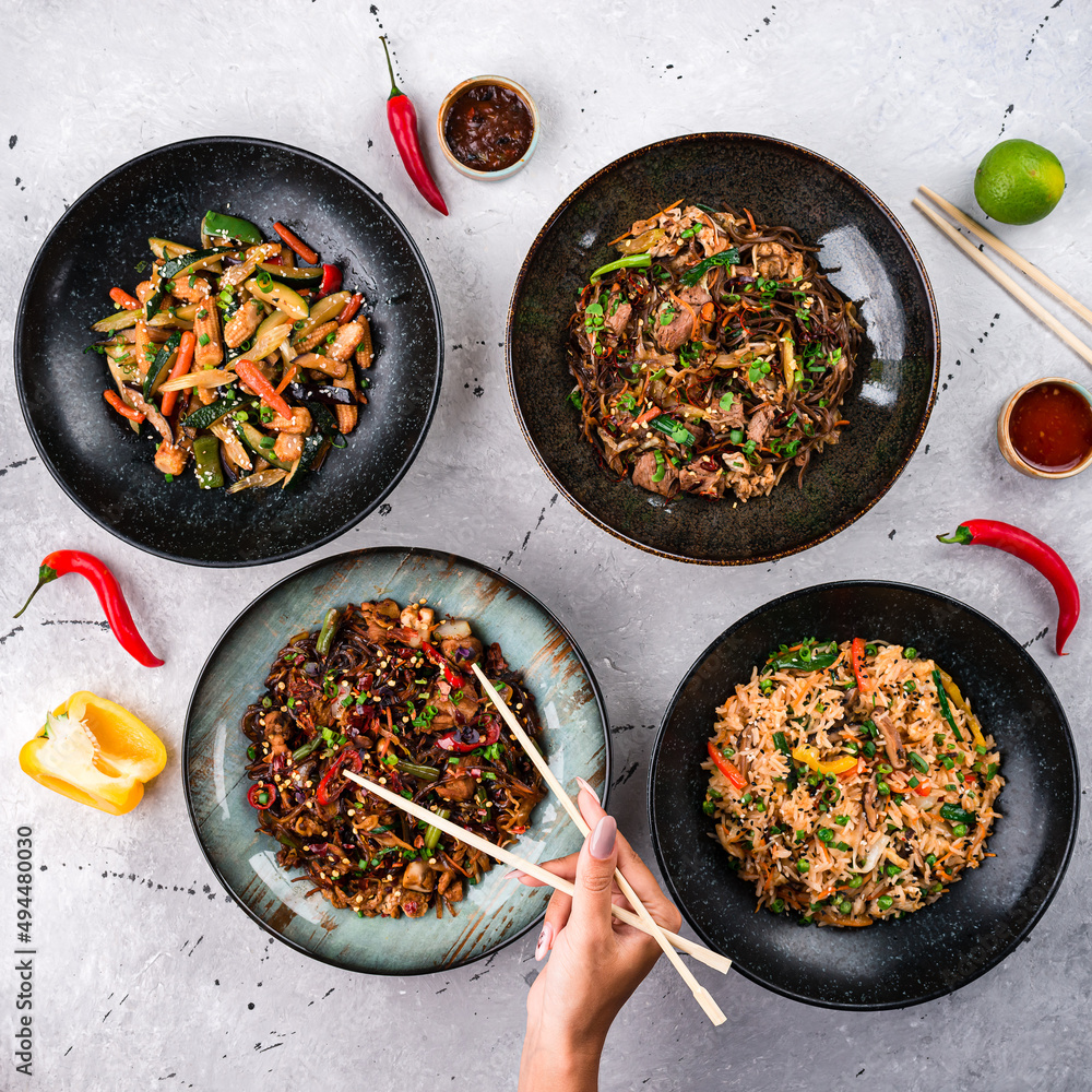 Poster chinese food set. chinese noodles and udon. top view. asian style food concept